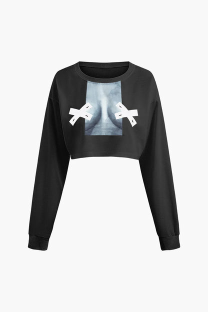 Pelze Round Neck Printed Long Sleeve Crop Top