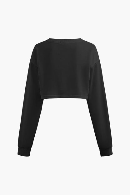 Pelze Round Neck Printed Long Sleeve Crop Top