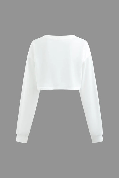 Pelze Round Neck Printed Long Sleeve Crop Top