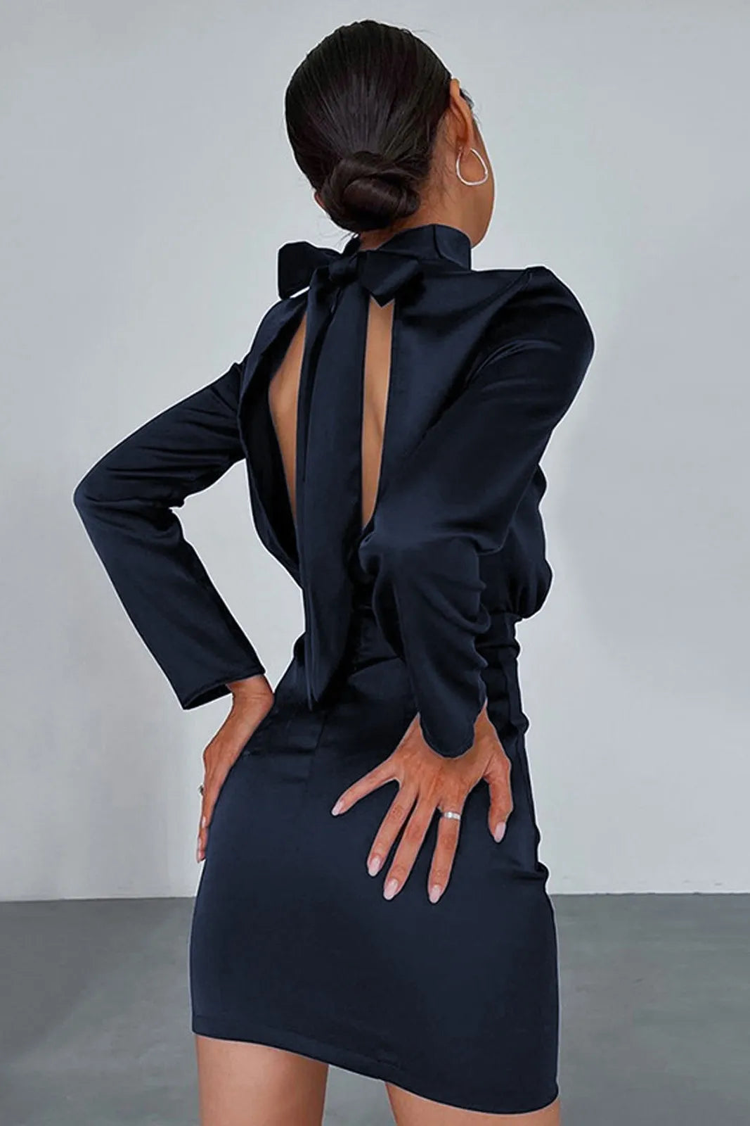 Perly Black Mock Neck Tie Back Satin Mini Dress