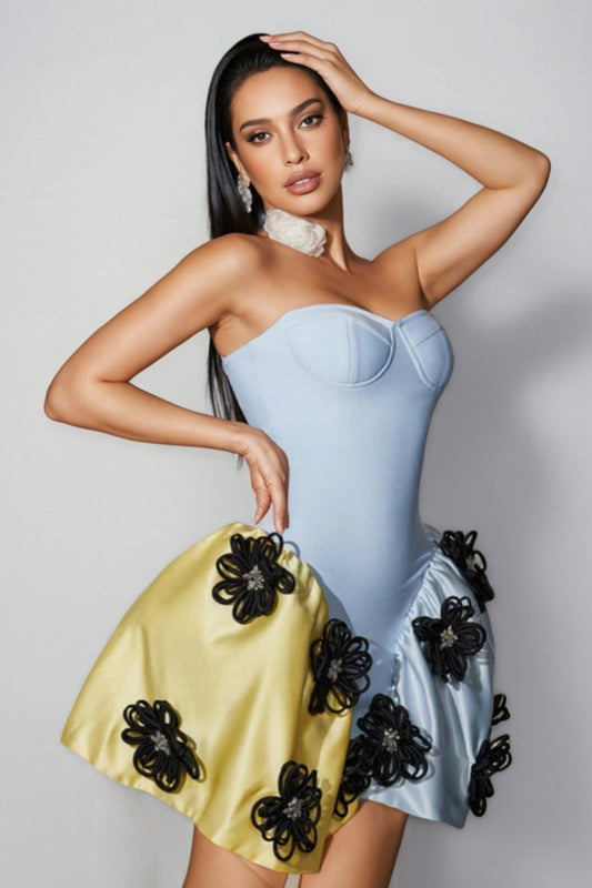 Roland Strapless Flower Bandage Mini Dress
