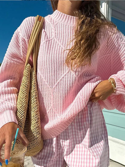 Pink O Neck Ribbed Knitted Sweater For Women Fashion Lantern Long Sleeve Sweater