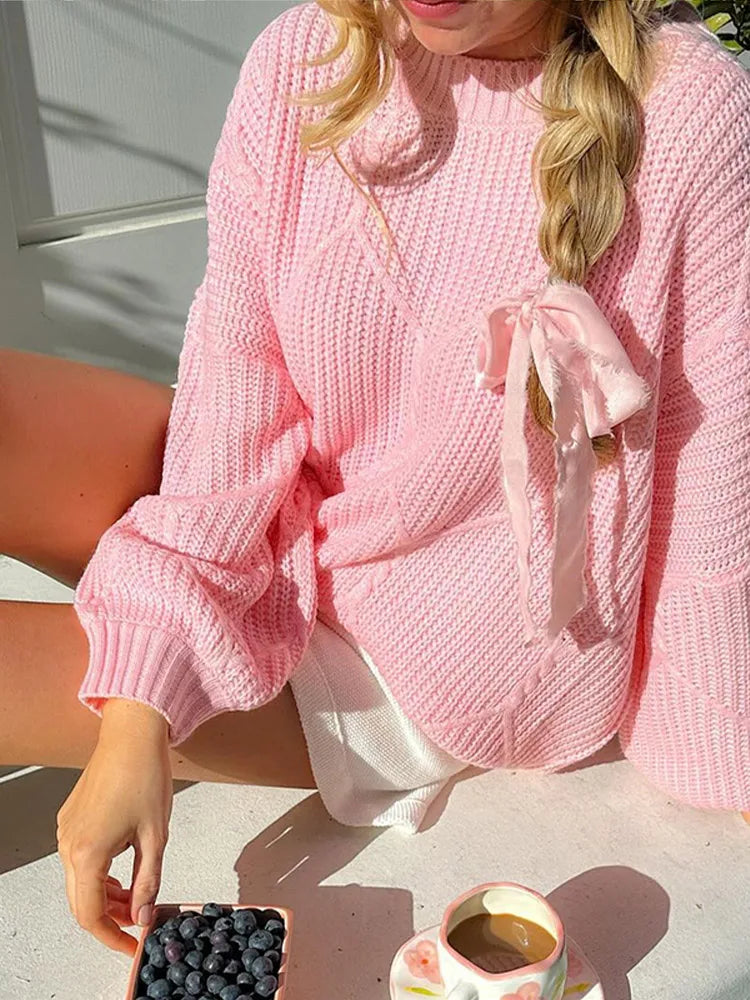 Pink O Neck Ribbed Knitted Sweater For Women Fashion Lantern Long Sleeve Sweater