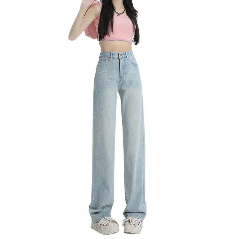 Women's Summer High Waist Wide Leg Leisure Design Drape Mop Jeans
