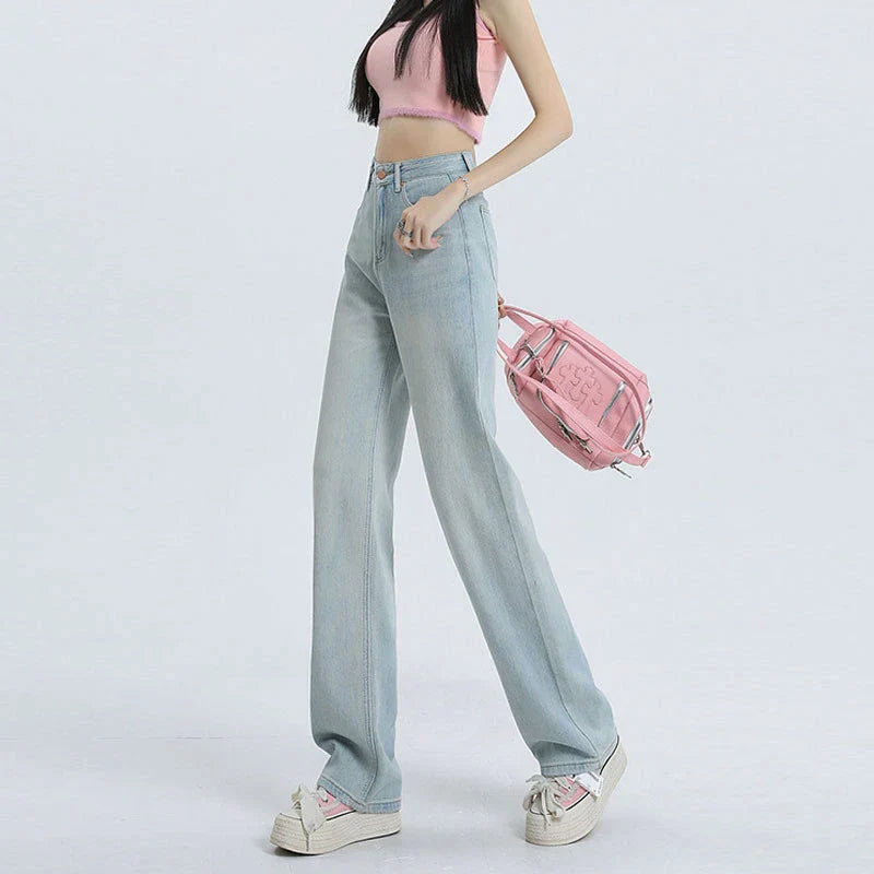 Women's Summer High Waist Wide Leg Leisure Design Drape Mop Jeans