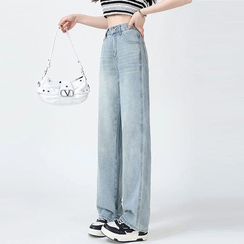 Standard Wide-Leg Jeans Women's New Summer and Autumn Short Tall Loose Drooping Straight Casual Mop Jeans