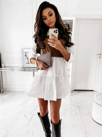Plaid Shirt Casual Vestidos Long Sleeve White Short Dress For Women Summer PU Leather Patchwork Sweet Office Ladies Mini Dresses