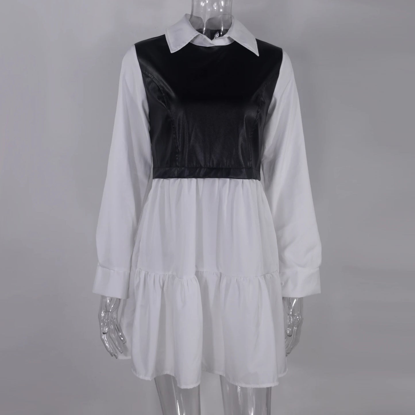Plaid Shirt Casual Vestidos Long Sleeve White Short Dress For Women Summer PU Leather Patchwork Sweet Office Ladies Mini Dresses