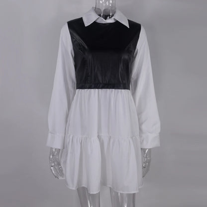 Plaid Shirt Casual Vestidos Long Sleeve White Short Dress For Women Summer PU Leather Patchwork Sweet Office Ladies Mini Dresses