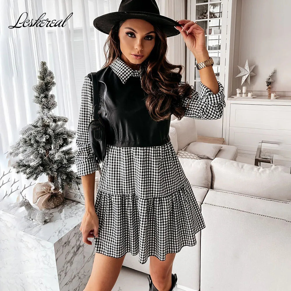 Plaid Shirt Casual Vestidos Long Sleeve White Short Dress For Women Summer PU Leather Patchwork Sweet Office Ladies Mini Dresses