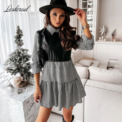 Plaid Shirt Casual Vestidos Long Sleeve White Short Dress For Women Summer PU Leather Patchwork Sweet Office Ladies Mini Dresses