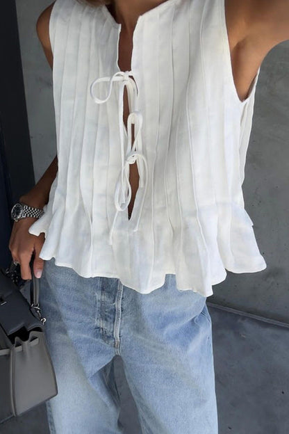 Pleated Tie-up Cotton Linen Tank Top