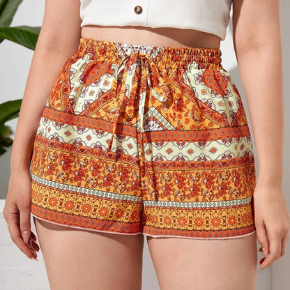 Plus Size Floral Print Summer Casual Women Knot Waist Elegant Boho Female Plus Size Women Clothing Short