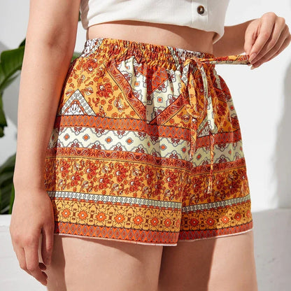 Plus Size Floral Print Summer Casual Women Knot Waist Elegant Boho Female Plus Size Women Clothing Short