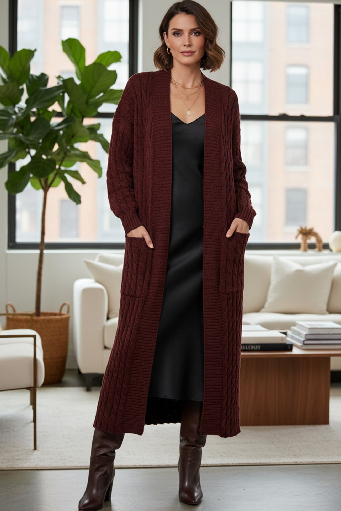 Pocketed Cable Knit Long Cardigan