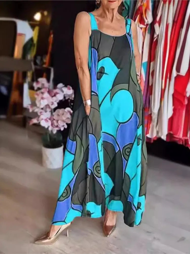 Print Spaghetti Strap Dresses Women Fashion Casual Pocket Loose Long Dress Lady Commuting Clothing Maxi Vestidos 2025 Summer New