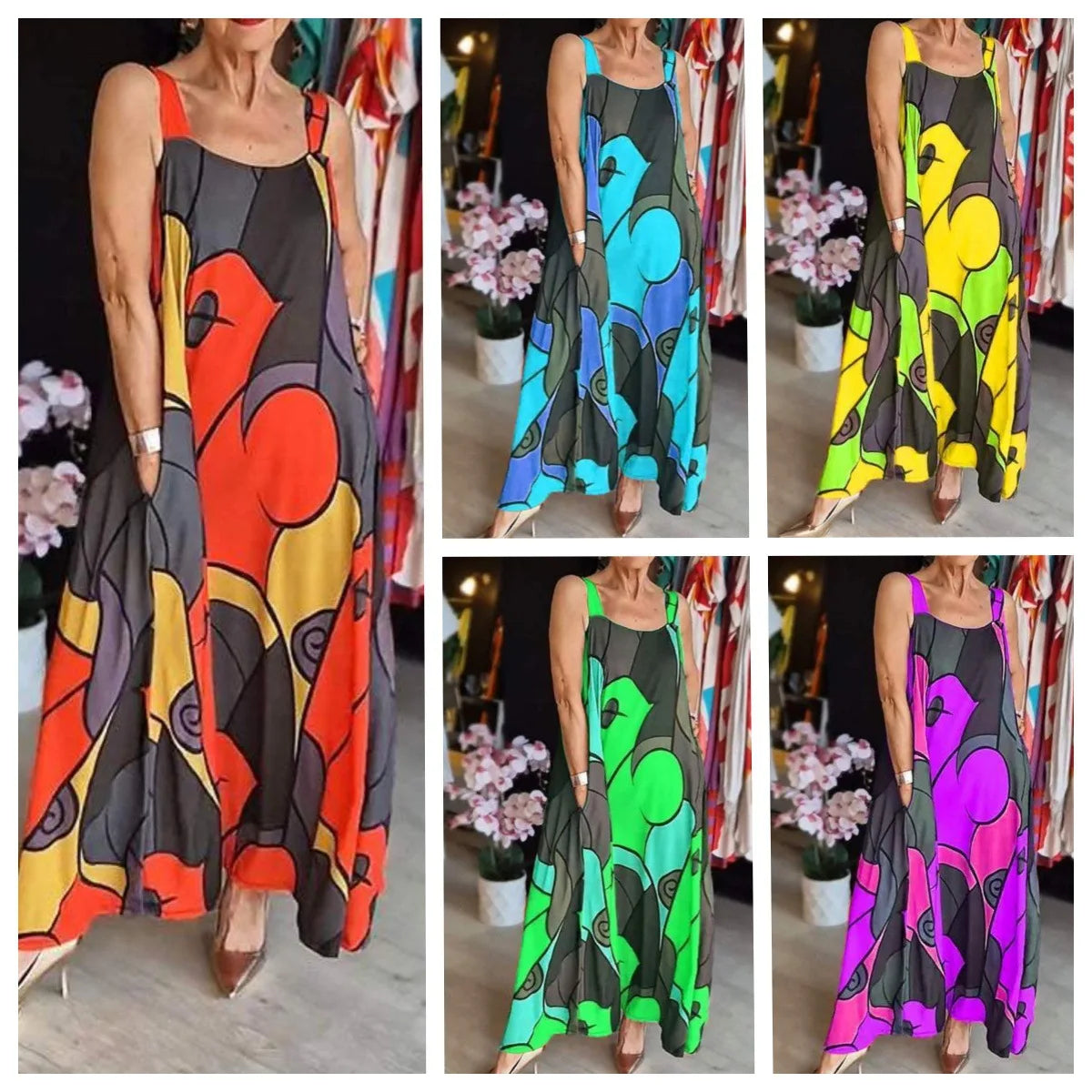 Print Spaghetti Strap Dresses Women Fashion Casual Pocket Loose Long Dress Lady Commuting Clothing Maxi Vestidos 2025 Summer New