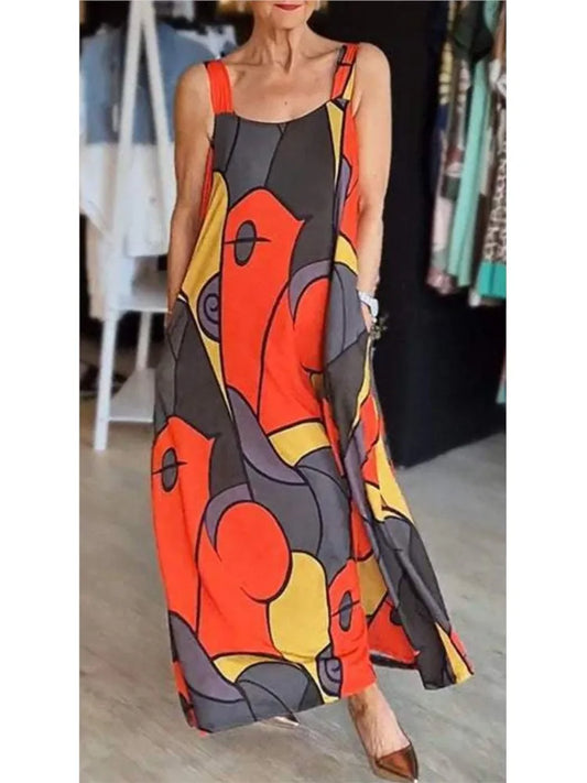 Print Spaghetti Strap Dresses Women Fashion Casual Pocket Loose Long Dress Lady Commuting Clothing Maxi Vestidos 2025 Summer New