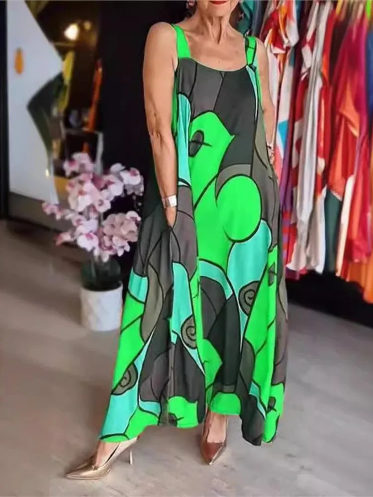 Print Spaghetti Strap Dresses Women Fashion Casual Pocket Loose Long Dress Lady Commuting Clothing Maxi Vestidos 2025 Summer New