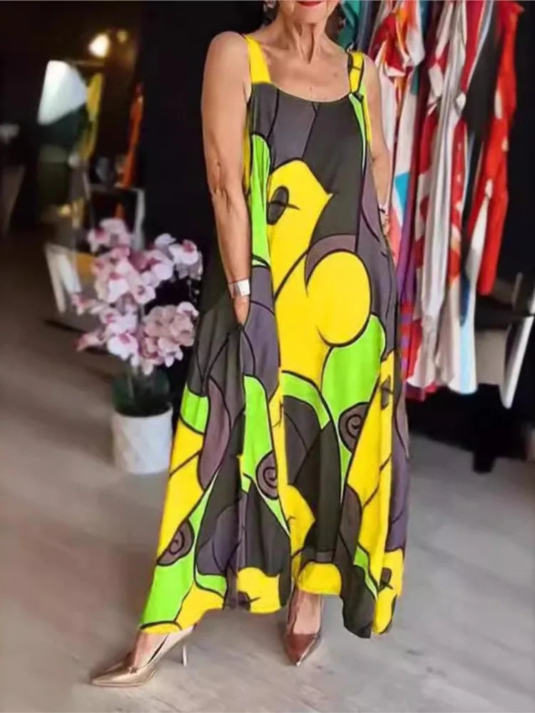 Print Spaghetti Strap Dresses Women Fashion Casual Pocket Loose Long Dress Lady Commuting Clothing Maxi Vestidos 2025 Summer New