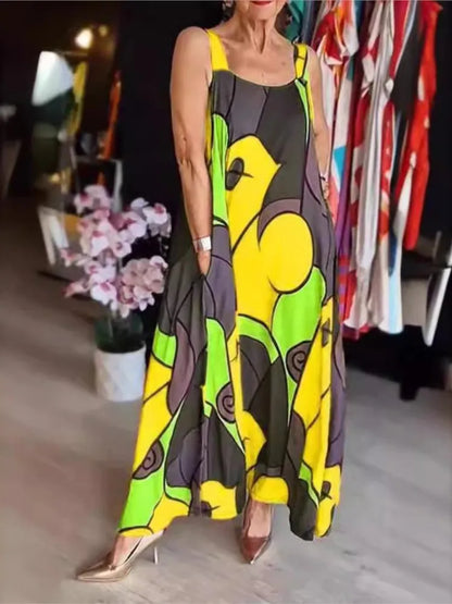 Print Spaghetti Strap Dresses Women Fashion Casual Pocket Loose Long Dress Lady Commuting Clothing Maxi Vestidos 2025 Summer New