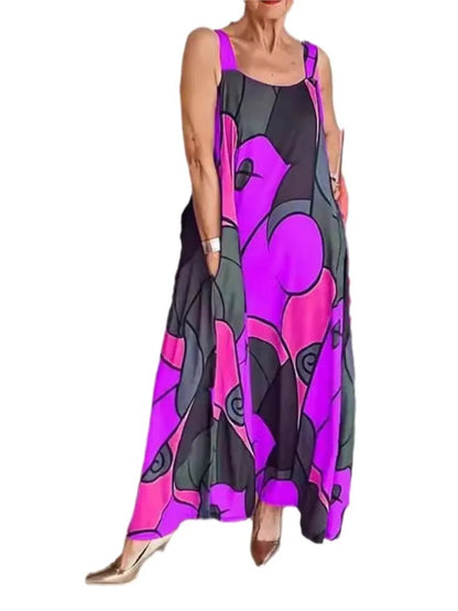 Print Spaghetti Strap Dresses Women Fashion Casual Pocket Loose Long Dress Lady Commuting Clothing Maxi Vestidos 2025 Summer New