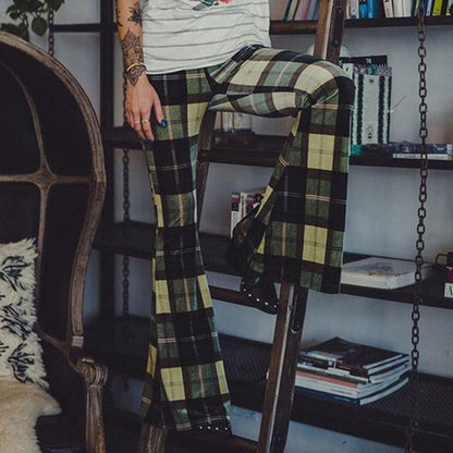 Piey - Women's Checkered Flare Trousers - Chic - Modern Style - For Daily Wear