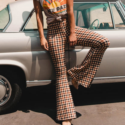 Piey - Women's Checkered Flare Trousers - Chic - Modern Style - For Daily Wear