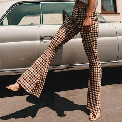 Piey - Women's Checkered Flare Trousers - Chic - Modern Style - For Daily Wear