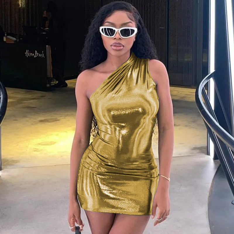 FashionSierra - Pu Leather One Shoulder Sleeveless Draped Prom 2025 Summer Fall Women Y2K Evening Party Club Clothes Mini Dress