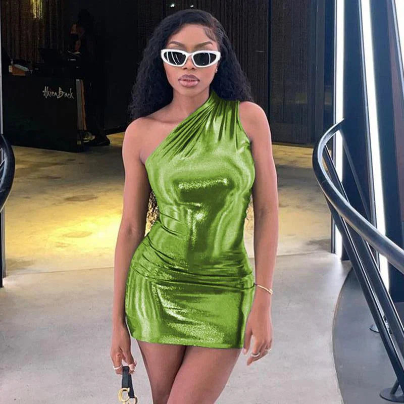 FashionSierra - Pu Leather One Shoulder Sleeveless Draped Prom 2025 Summer Fall Women Y2K Evening Party Club Clothes Mini Dress
