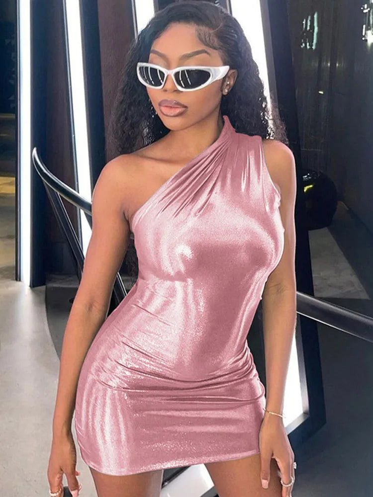 FashionSierra - Pu Leather One Shoulder Sleeveless Draped Prom 2025 Summer Fall Women Y2K Evening Party Club Clothes Mini Dress