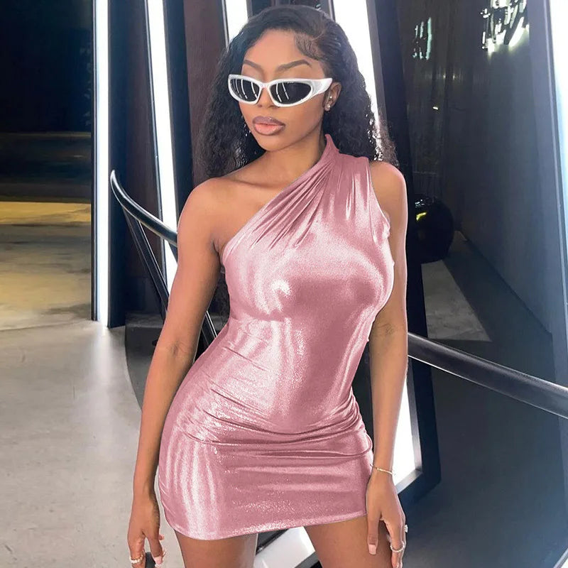 FashionSierra - Pu Leather One Shoulder Sleeveless Draped Prom 2025 Summer Fall Women Y2K Evening Party Club Clothes Mini Dress
