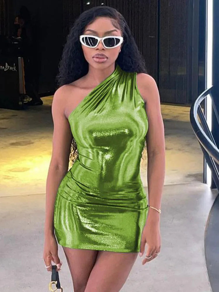 FashionSierra - Pu Leather One Shoulder Sleeveless Draped Prom 2025 Summer Fall Women Y2K Evening Party Club Clothes Mini Dress