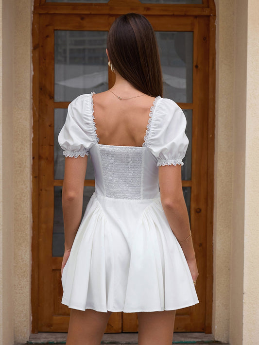 Puff Sleeve Ruched Back Flared Hem Dress