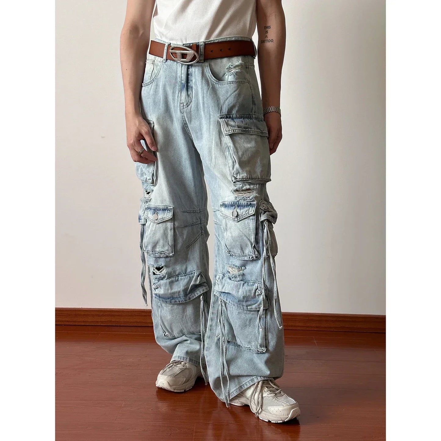 Solid Jeans Men's Design Sense Hip-hop Hole Washed Mid-waist Loose Drag Wide Pants