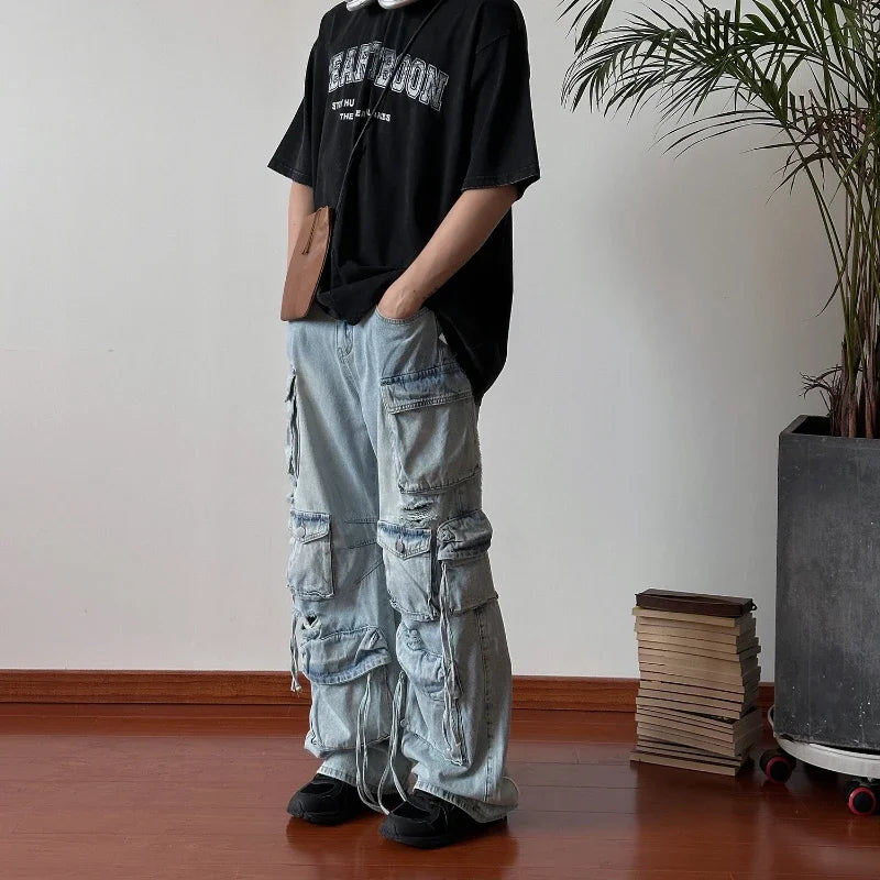 Solid Jeans Men's Design Sense Hip-hop Hole Washed Mid-waist Loose Drag Wide Pants
