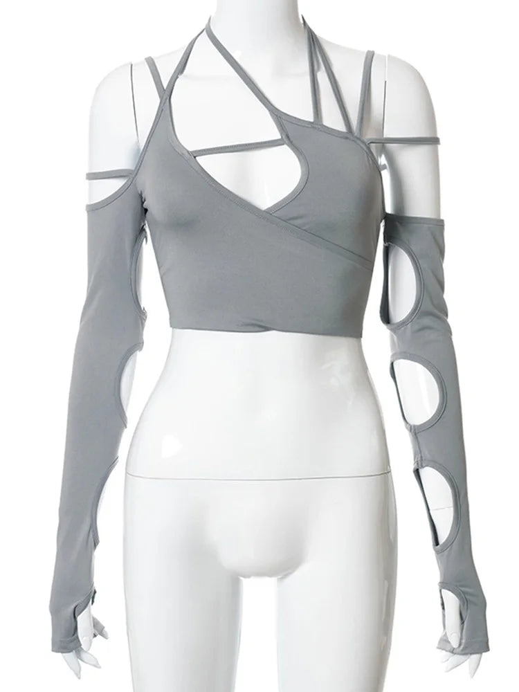 FashionSierra - Halter Gothic Egirl Patchwork Long Sleeve Sexy Cut Out Crop Tops