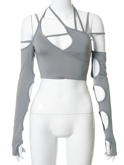 FashionSierra - Halter Gothic Egirl Patchwork Long Sleeve Sexy Cut Out Crop Tops