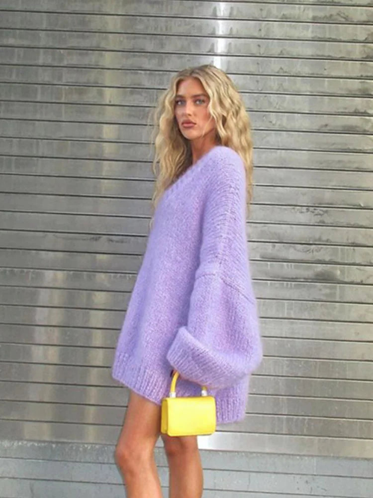 Purple Lantern Long Sleeve Oversized Jumper Top Women Fashion V Neck Sweater