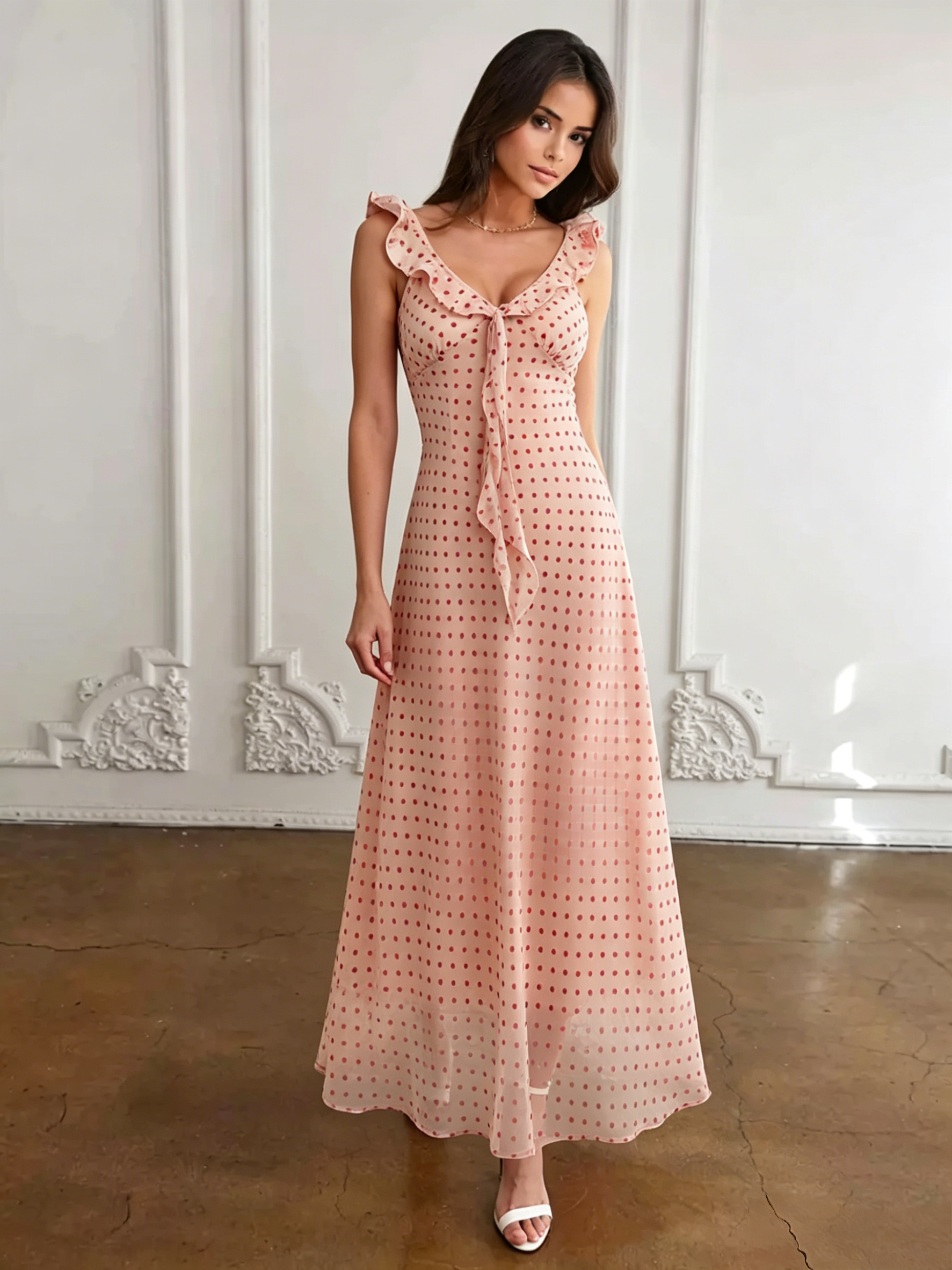 Daily Dresses For Women Red Shaping Flowers Sleeveless V-Neck Raised Waist Printed Dress