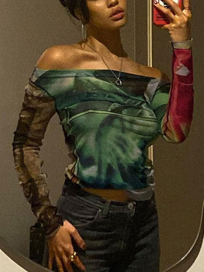 Off Shoulder Printed Mesh Crop Top