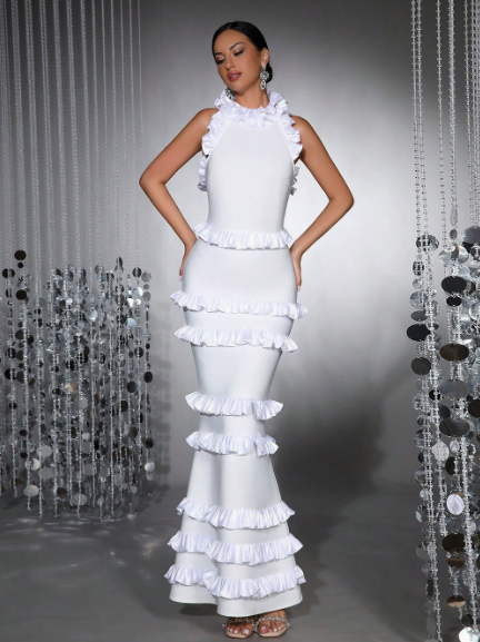 White Layered Ruffled Bandage Dress