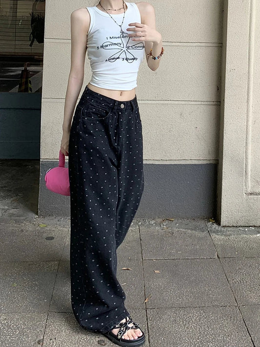 Vintage High Waist Polka Dot Wide Leg Jeans