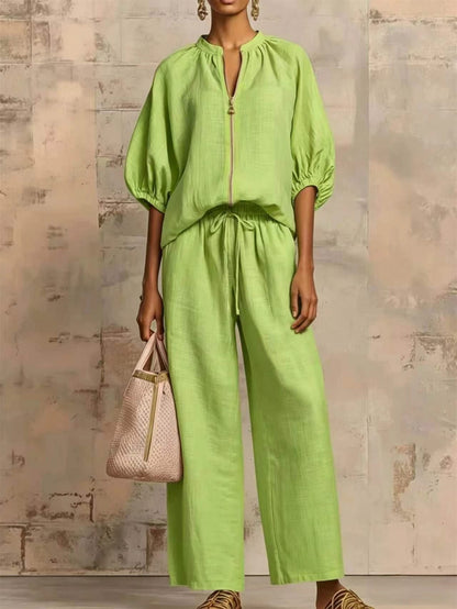Relaxed Solid Color Top And Wide-leg Pants Two-piece Set