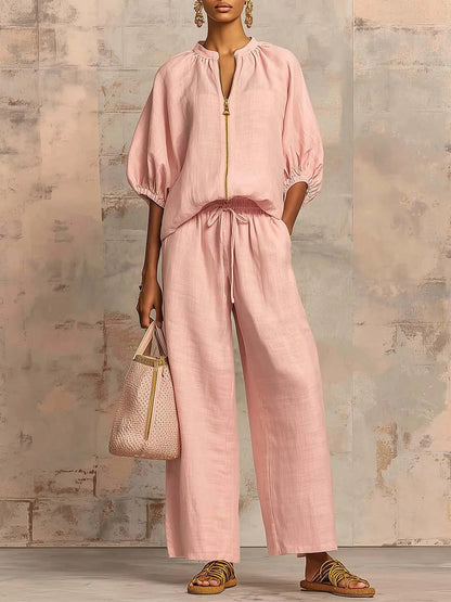 Relaxed Solid Color Top And Wide-leg Pants Two-piece Set