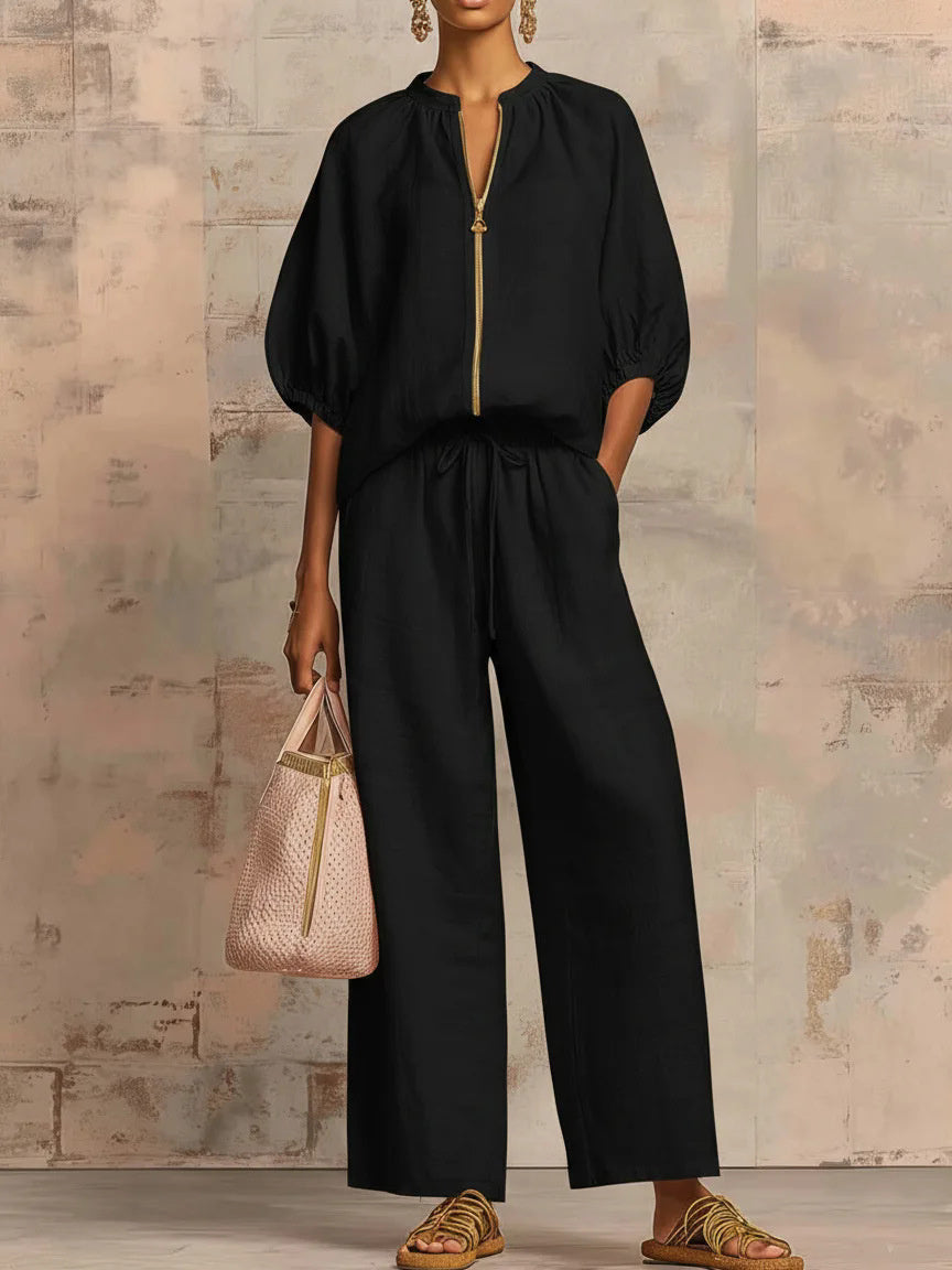 Relaxed Solid Color Top And Wide-leg Pants Two-piece Set