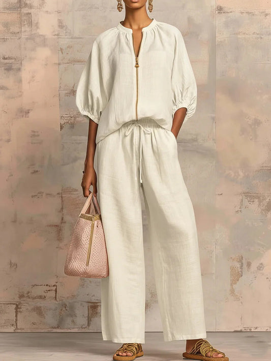 Relaxed Solid Color Top And Wide-leg Pants Two-piece Set