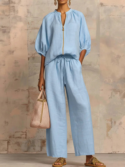 Relaxed Solid Color Top And Wide-leg Pants Two-piece Set