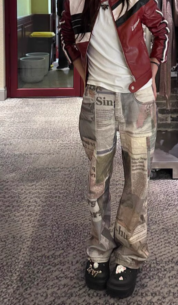 Newspaper Print Washed Boyfriend Jeans